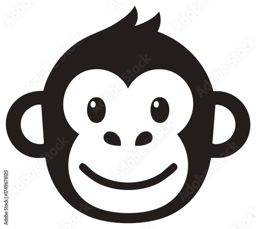 Monochrome Graphic of Smiling Monkey Face with Large Eyes and Rounded Ears