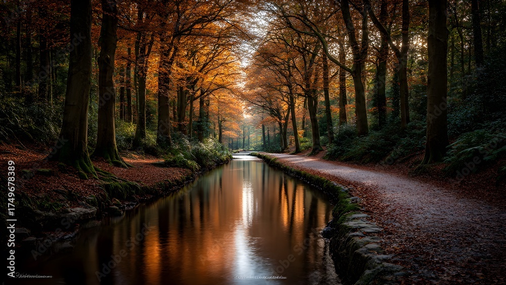 Obraz premium Enchanting autumn forest scene with golden light reflecting in the tranquil water, perfect for nature lovers and outdoor adventure enthusiasts
