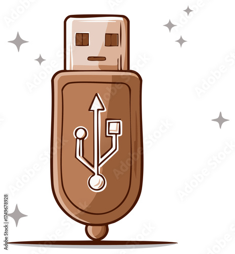 Charming cartoon illustration of a brown portable USB flash drive with a glowing data transfer symbol icon