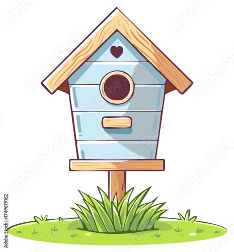 Cartoon illustration of a light blue birdhouse with wooden trim and a heart cutout, sitting on a post in grass