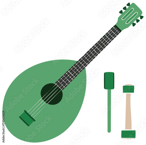 Green acoustic lute and picks for playing stringed instrument music