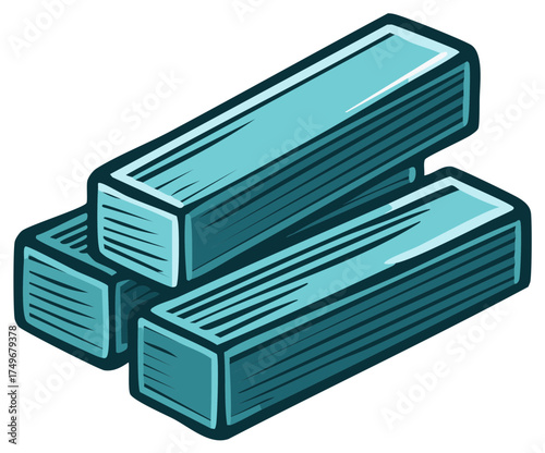 Stack of Three Turquoise Colored Metal Ingots, Treasure Trove of Precious Resources Cartoon