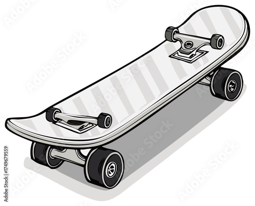 Clean Graphic Illustration of a Modern Skateboard with Silver Stripes and Black Wheels