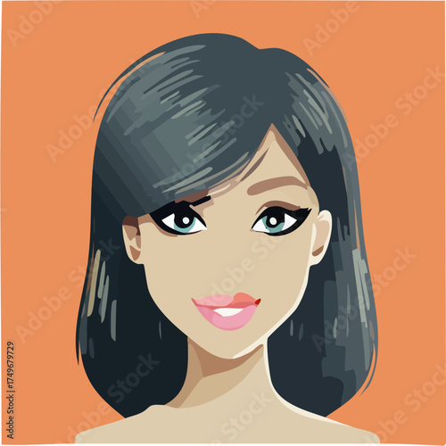 Illustration of a woman with dark hair and blue eyes on an orange background.