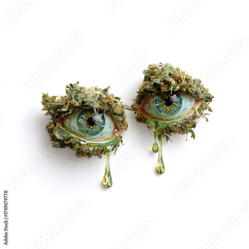 Surreal marijuana weed art of human eyeballs covered in marijuana leaves and buds dripping with green resin tears isolated on white background