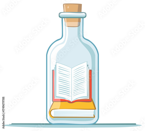 Conceptual illustration of an open book preserved inside a clear glass bottle with a cork