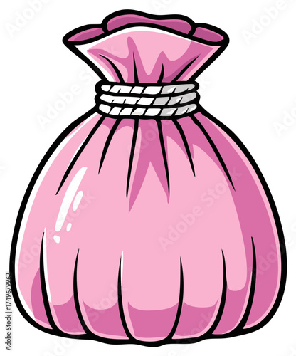 Pink money bag cartoon, tied with rope, cartoon style