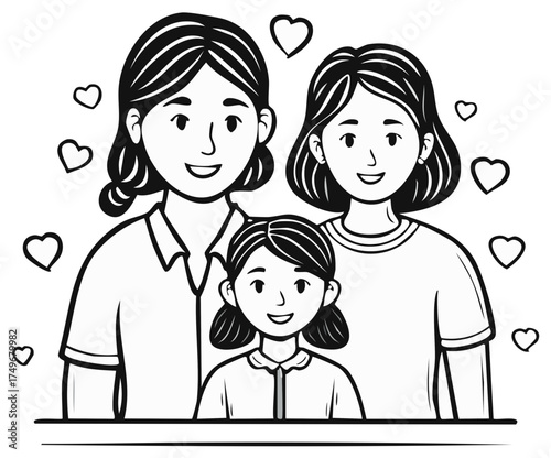 Happy family portrait of two women and a daughter smiling with love hearts in a line art drawing