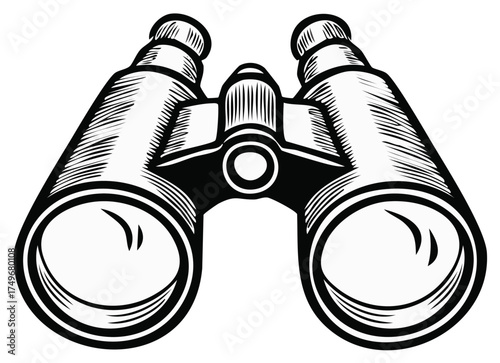 Black and white graphic illustration of vintage binoculars