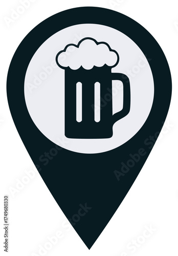 Bar location map pin icon with beer mug symbol for pub or brewery finder