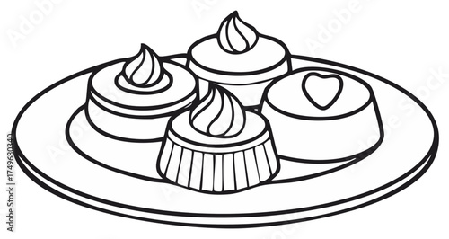 Simple line art of assorted mini desserts and pastries on a plate for a coloring book page