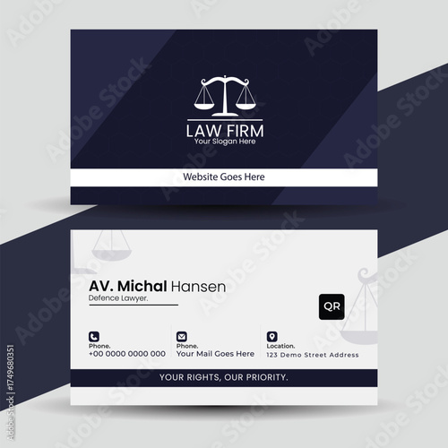 Elegant law firm business card template isolated on white background for lawyer