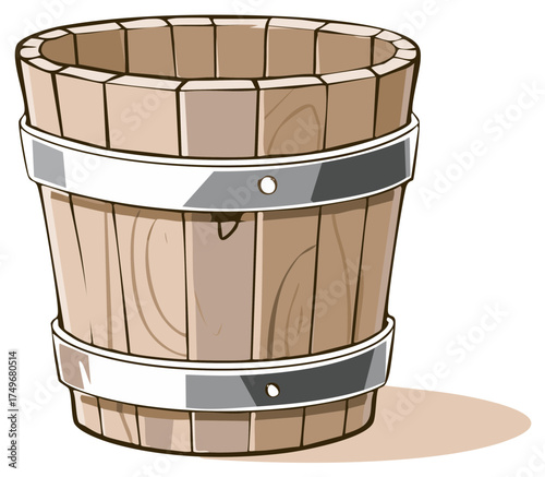 Isolated Brown Wooden Bucket Illustration with Metal Bands and Rustic Appeal