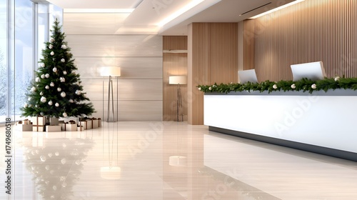 Modern reception area decorated for the holidays with a Christmas tree and gifts, bright and inviting atmosphere
