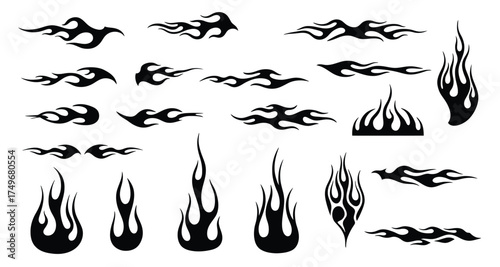Collection of black tribal flame graphics and fire elements for automotive customization and design projects