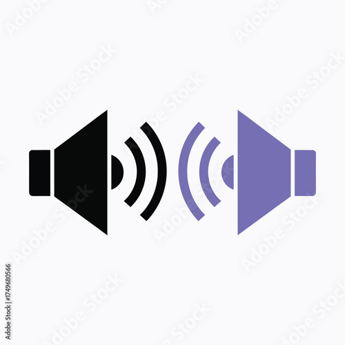 Black and purple speaker icons emitting sound waves a visual representation