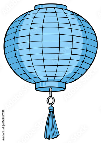 Light Blue Asian Paper Lantern with Tassel, Hand Drawn Illustration, Festival or Celebration Decoration Element