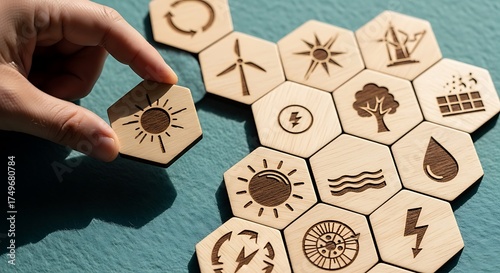Hand places hexagonal tile with sun icon into renewable energy puzzle