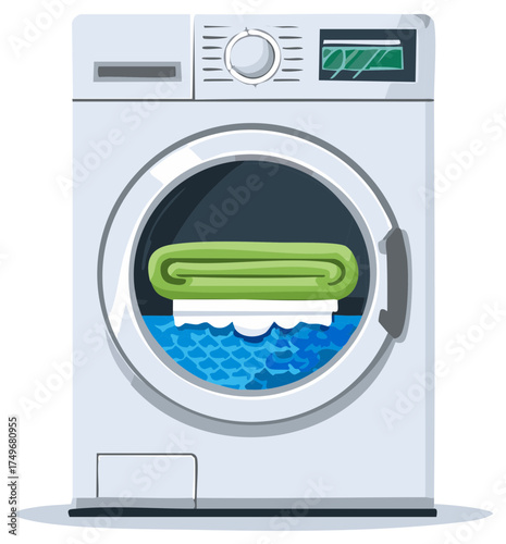 Front load washing machine with green towel and soapy water vector illustration