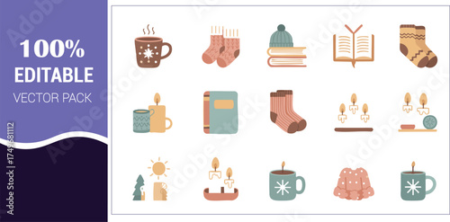 Cozy Winter Elements Flat Icons Keywords: mug, hot drink, steam, socks, knitted socks, winter