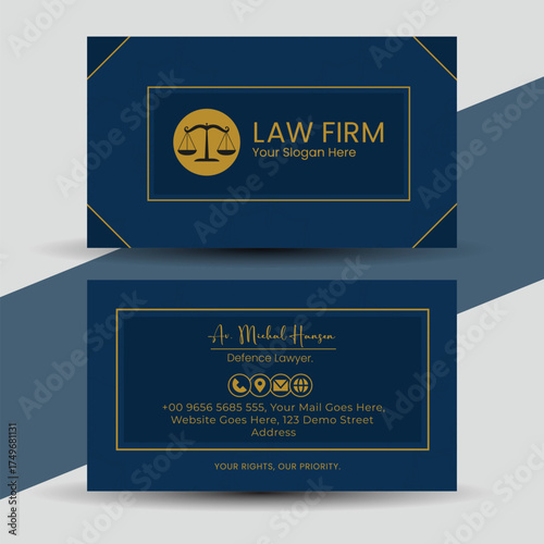 Elegant navy blue and gold law firm business card design for legal professionals