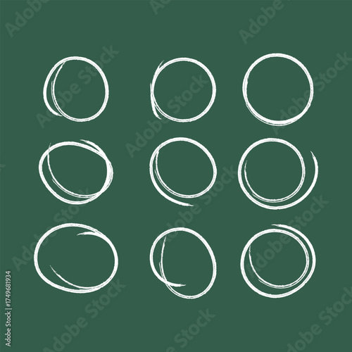 Set of sketch contours of a ellipse drawn manually with a single line chalk. An empty element for marking, highlighting important things, Vector format