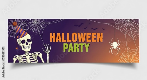 Whimsical Halloween Party Banner Skeleton in Striped Hat Spiders Bats and Gradient Background.