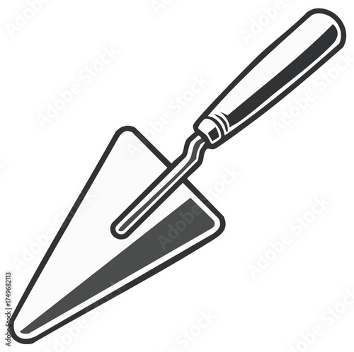 Simple black and white illustration of a pointed trowel hand tool for masonry or gardening