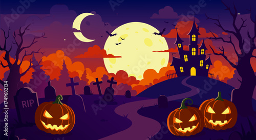 Vector illustration of a spooky Halloween background with a haunted castle, scary pumpkins, and a full moon in a purple sky
