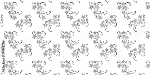 Repeating floral pattern with small delicate blossoms and swirling stems in a classic decorative wallpaper motif