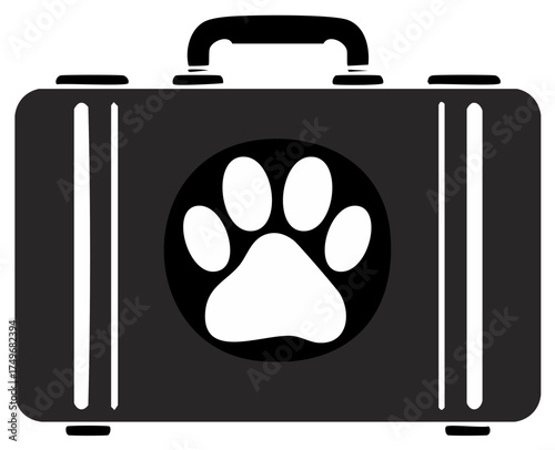 Stylish black travel suitcase with white paw print icon, representing pet care and animal transport
