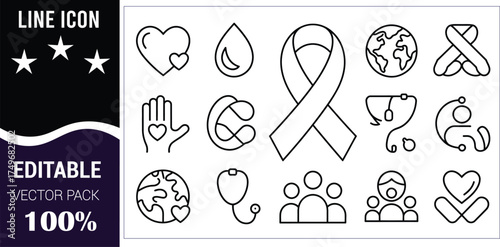 Medical and awareness line icons on white background