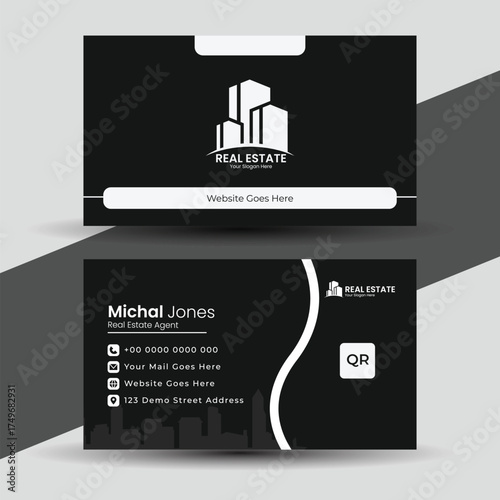 Monochrome real estate business card design isolated on white background for professional use