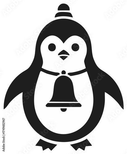 A cute Christmas penguin character icon with a festive bell and winter hat