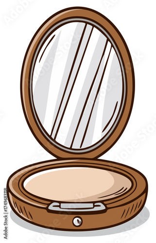 Opened brown compact powder with mirror, vintage cosmetic, beauty product