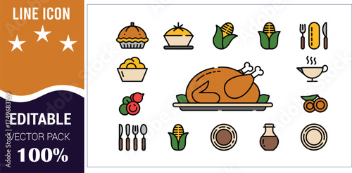 Thanksgiving Dinner Food Line Icons turkey