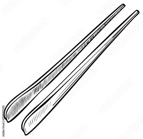 Pair of traditional chopsticks line art for eating and cooking Asian cuisine food with wooden utensil sketch vector