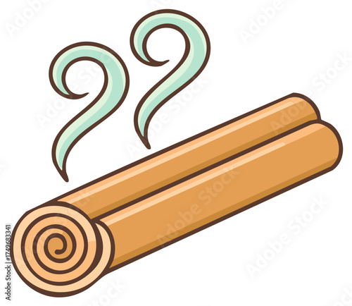 Cartoon illustration of hot cinnamon sticks emitting steam with a curled end