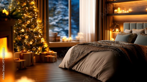 Cozy winter bedroom with a beautifully decorated Christmas tree, warm fireplace, and snowy landscape outside