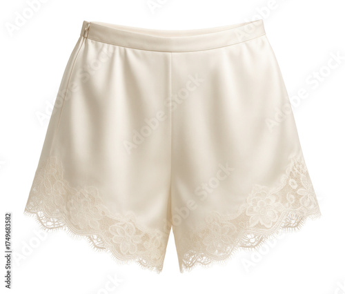 Ivory silk shorts with lace trim, relaxed fit, and side zip for bridal lingerie.