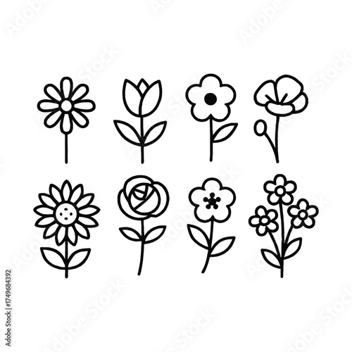 Black line art of eight unique flower designs in two rows, showcasing diverse petal shapes and stylized floral motifs for decoration