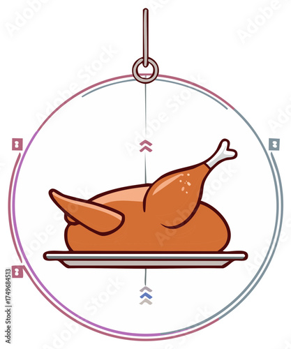 Cartoon roasted chicken on serving plate hanging from a hook within a modern graphic circle illustration