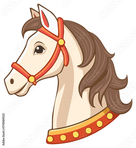 Cartoon horse head with red bridle and decorative collar, illustration