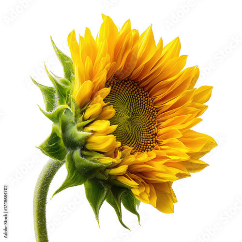 Sunflower bloom viewed from a gentle back angle, vibrant yellow petals and structured seed spiral, green bracts visible, isolated on transparent background.
