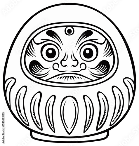 Black and white illustration of a traditional Japanese Daruma doll