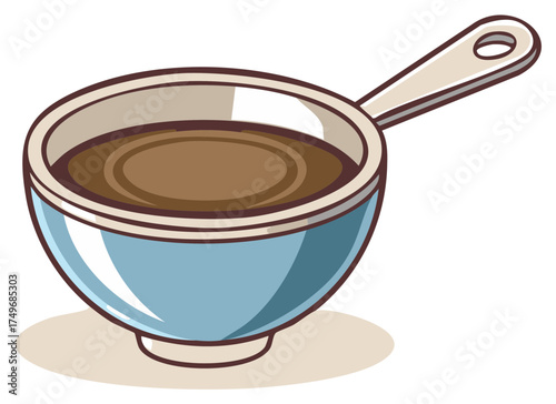 Blue saucepan filled with brown soup broth or dipping sauce cartoon vector illustration