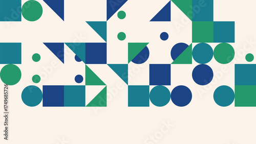 Abstract geometric pattern design with circles squares and triangles blue green