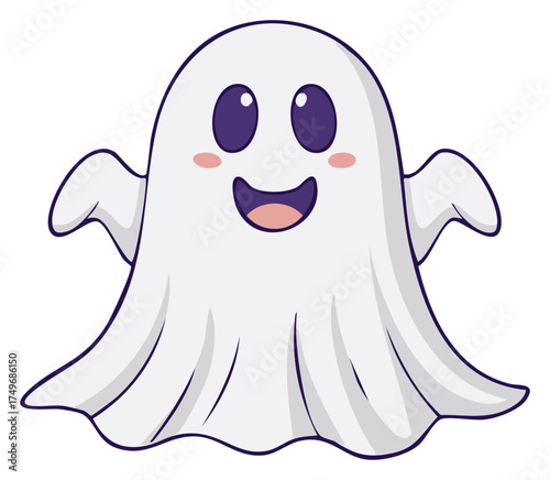 Cute smiling ghost with big purple eyes and blush cheeks for Halloween