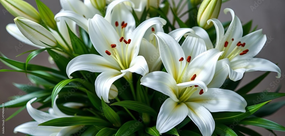 Obraz premium Elegant bouquet of pristine white lilies, lush greenery, macro, still life