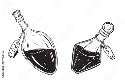 Sketch of vial of potion. Hand drawn ink vector illustration of poison bottle. Linear graphic elements for Halloween design isolated on white background.